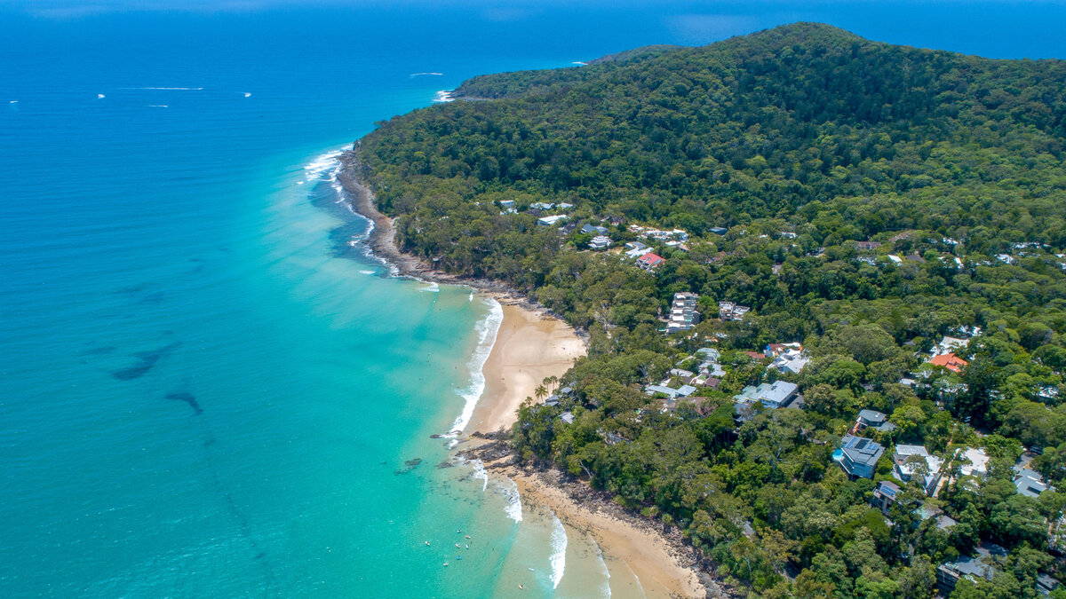 Aerial view of the beach and coastline at Noosa Heads